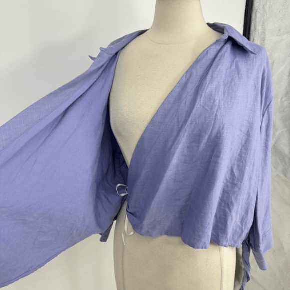 Valerie Stevens Womens 100% linen Wrap Blouse XL 3/4 Sleeve Purple Front Tie - Picture 8 of 11